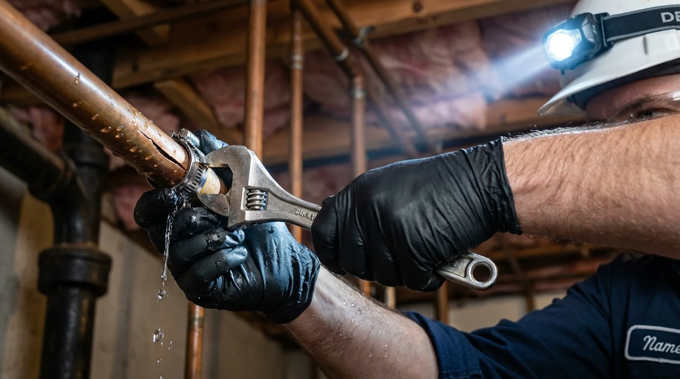 Emergency pipe clamp repair being performed by a Johns Plumbing LLC plumber in Mount Morris